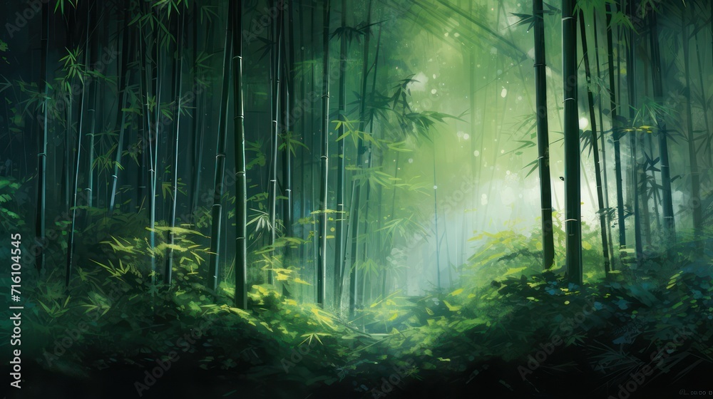 Obraz premium Tropical bamboo forest lush green leaf with sun rays morning