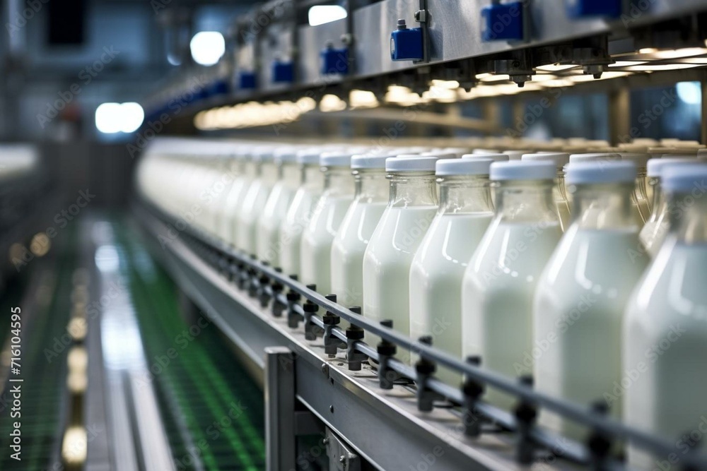 Factory milk production with white bottles moving on conveyor line. Generative AI