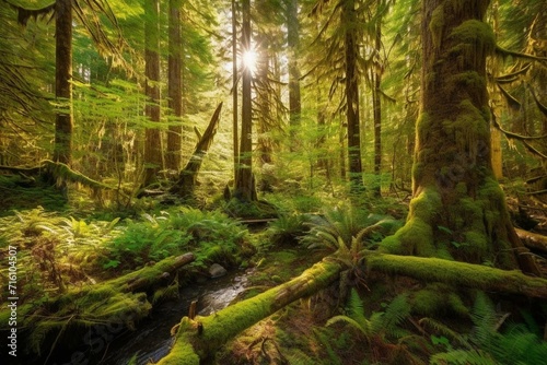 A beautiful natural landscape with lush trees and peaceful atmosphere in Eden Grove, Port Renfrew, Vancouver Island, British Columbia, Canada. Generative AI photo