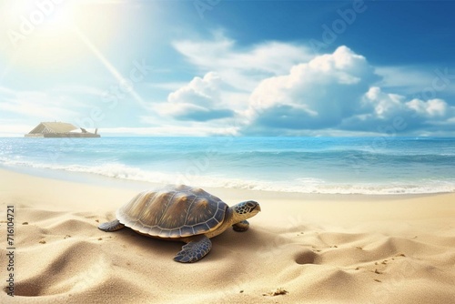 Turtle enjoying sun at beach artwork. Generative AI