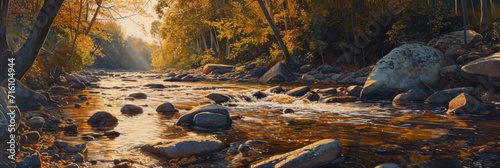 a river full of rocks, sunny day, realistic usage of light and color, generative AI © VALUEINVESTOR