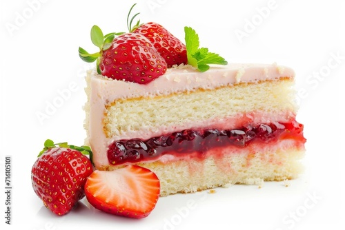 Strawberry cheesecake with jam and fresh strawberry slices displayed on a white background