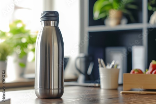 Close up of eco friendly steel water bottle on desk in interior setting