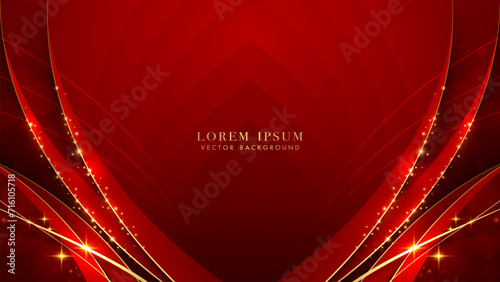 Red luxury background with golden line, red curve shape, glitter light effect and bokeh decoration