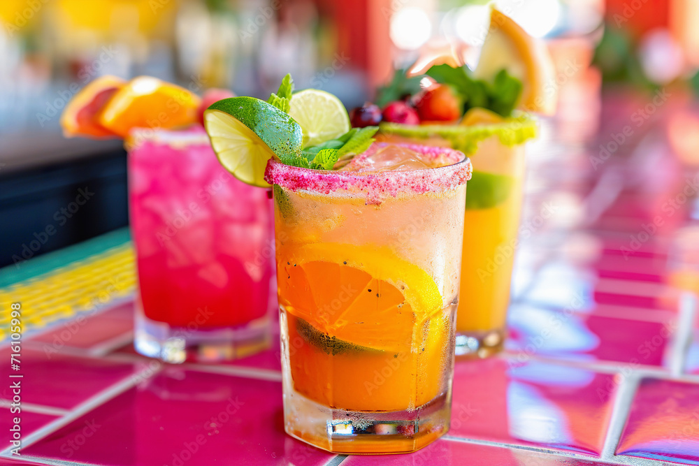 Summer Cocktails on Vibrant Pink Tiled Bar Summer Cocktails on Vibrant Pink Tiled Bar