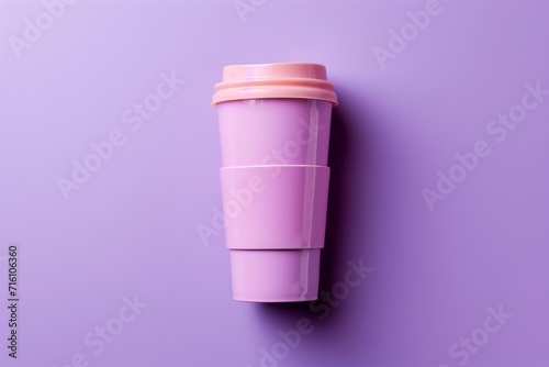 Purple background with pink thermo cup or mug for hot tea or coffee Top view photo