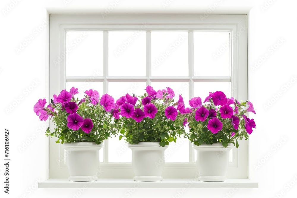 Fototapeta premium Isolated white background window displaying petunia flowers