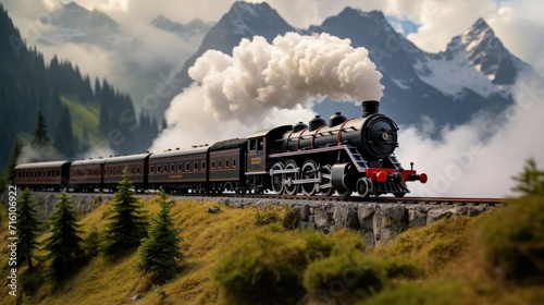 The low rumble and hiss of a steam locomotive is accompanied by plumes of smoke as it makes its way across the landscape, a timeless symbol of transportation and progress. photo