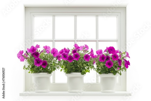 Isolated white background window displaying petunia flowers