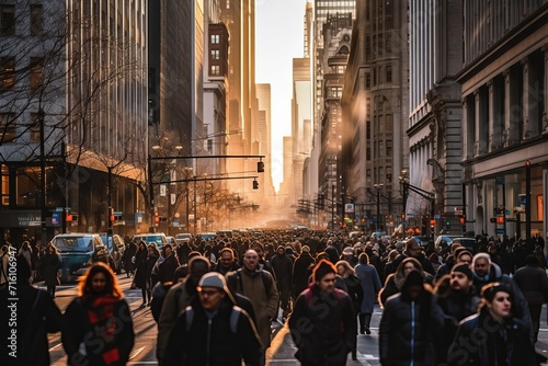 Throng of people walking down a busy street during the early morning rush hour in the financial district, Generative AI