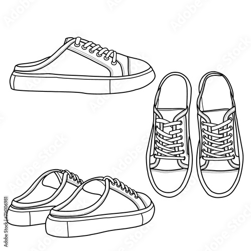 Fashion mule shoes or slippers with a low heel. Outline vector illustration, isolated on a white background. 