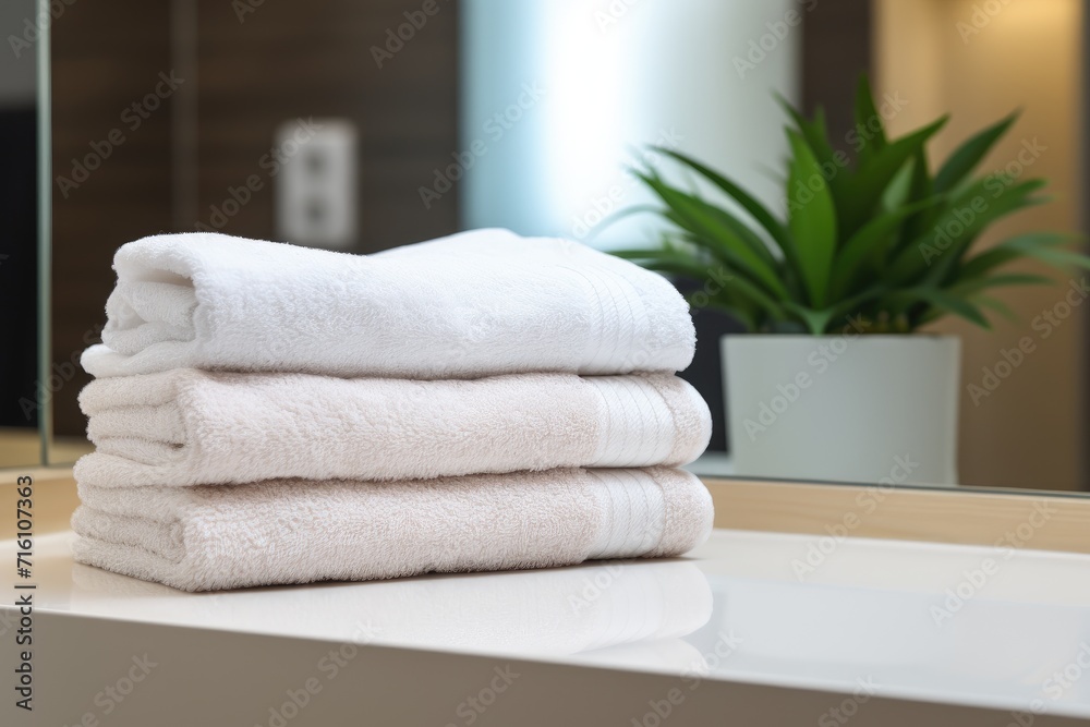 There is a table in the bathroom with a pile of brand new towels neatly stacked on it There is also an empty area available where text can be placed There is a table in the bathroom with a pile of brand new towels neatly stacked on it There is also an empty area available where text can be placed