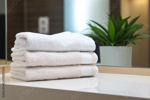 There is a table in the bathroom with a pile of brand new towels neatly stacked on it There is also an empty area available where text can be placed