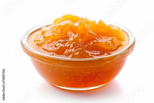 Apricot jam in a small bowl on a white background with a clipping path made from orange peaches