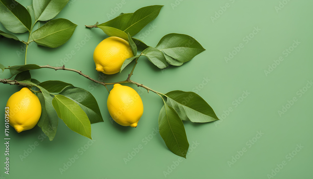 Beautiful branch with two yellow lemons on a green background.