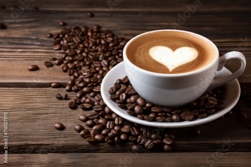 Latte with heart and coffee beans on wooden background © The Big L