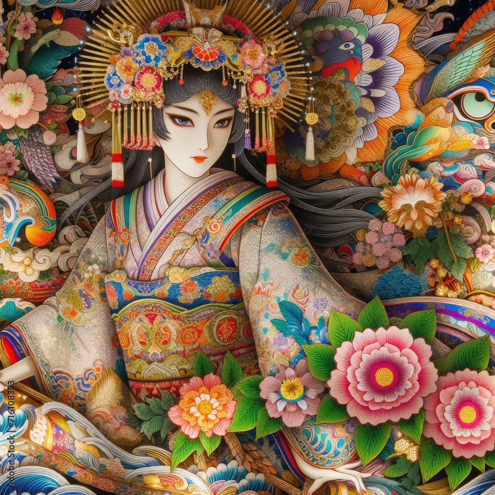 Japanese woman dancing elegant Figure Amidst a Floral Fantasy with Generative AI.