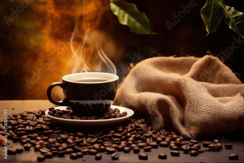 Coffee cup with beans in burlap on coffee tree background photo