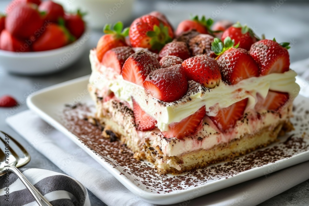 Slice of tiramisu with strawberries on a white dish Slice of tiramisu with strawberries on a white dish