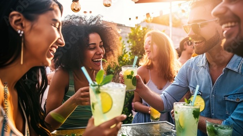 A group of happy young people come together to celebrate summer parties, lifestyle food and drink concepts, cocktail parties photo