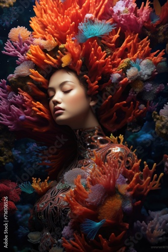A woman with colorful hair and coral is surrounded by fish. Generative AI.