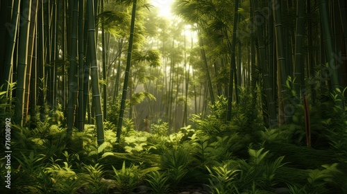 Tropical bamboo forest lush green leaf with sun rays morning © Muamanah