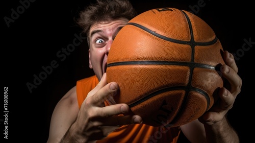 A man holding a basketball ball with his mouth open. Generative AI.