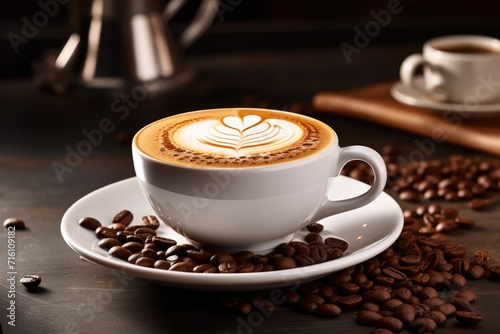 Isolated white background with coffee latte and beans