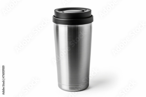 Steel tumbler model with white backdrop and clipping path