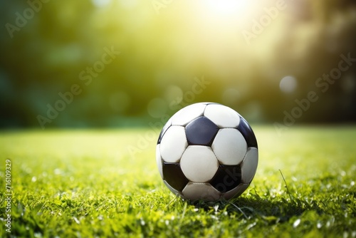 Green ball in soccer stadium ready for mid game