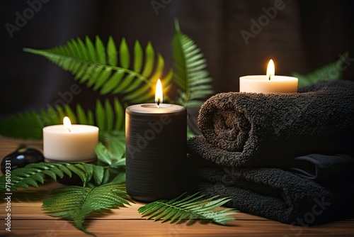 Spa treatment with candles and hot stone massage on wooden background