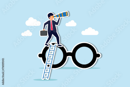 Clear business vision, clarity or transparency, discover way to success or looking for business opportunity, precision or accuracy concept, businessman climb up big eyeglasses see vision on telescope