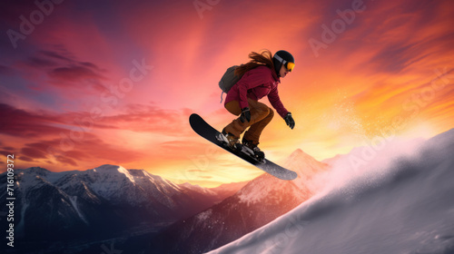 A snowboarder is jumping off a mountain at sunset. Generative AI. © serg3d