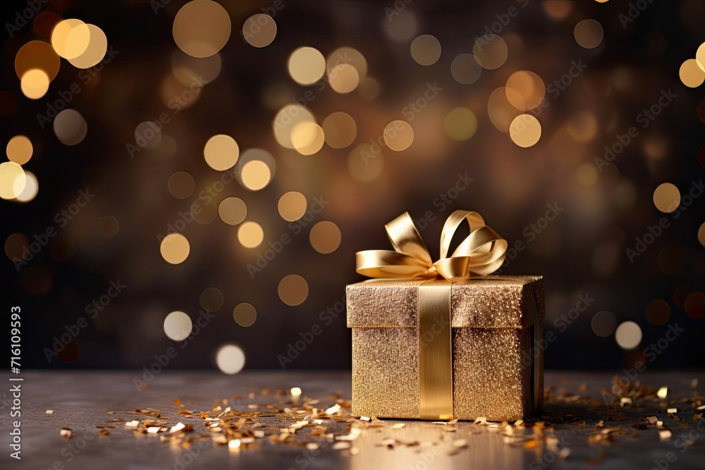 Festive gift box on dark backdrop with magical bokeh Festive gift box on dark backdrop with magical bokeh