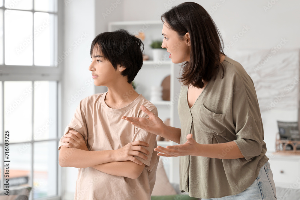 Fototapeta premium Teenage boy ignoring his arguing mother at home. Family problem concept