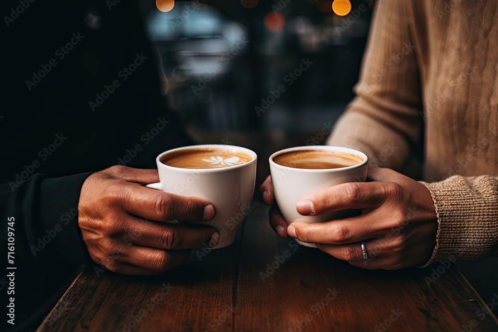 Close up photo of couple toasting with white mugs Close up photo of couple toasting with white mugs