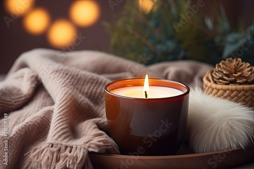 Winter home decor with a cozy candle in a brown jar cup and blanket
