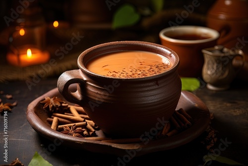 Popularly known as Masala Chai the Indian tea is poured in Kulhad cups photo