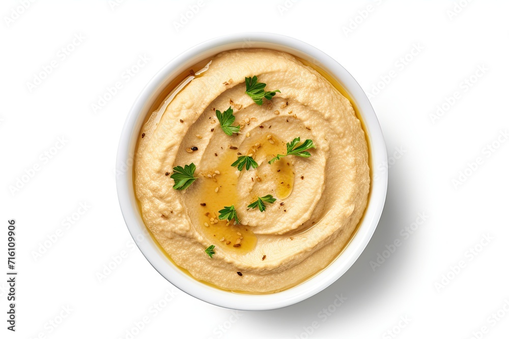 Top view of homemade hummus in a white bowl Top view of homemade hummus in a white bowl