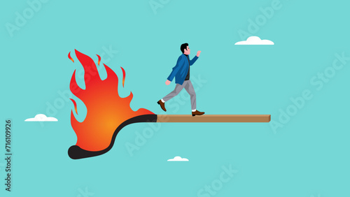 businessman running away from fire burning match sticks vector illustration with flat design style suitable to describe about economic recession, investment asset fall down, decline concept