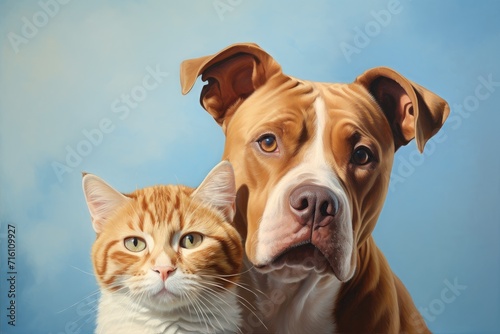 Two domestic animals showcased in the banner  featuring a focused American Staffordshire dog and a ginger cat averting its gaze