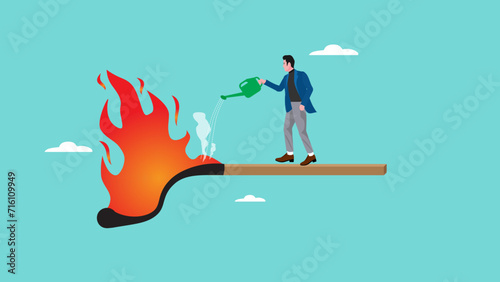creative idea to solve problem, save assets from financial crisis or economic recession, stop loss to avoid market crash or banking collapse, Businessman extinguishes fire on match sticks using water