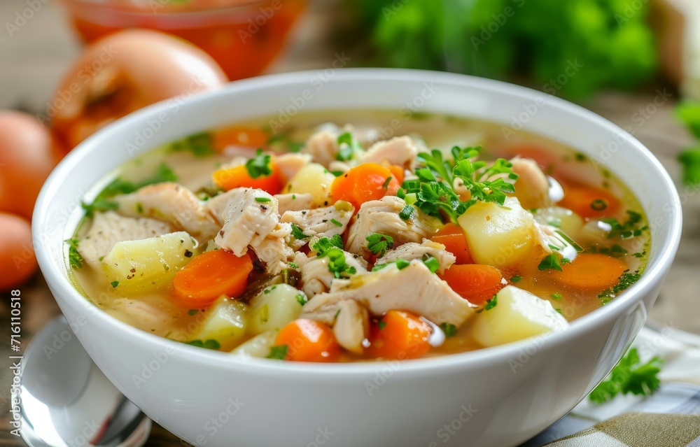 Asian style chicken soup with potatoes carrots onions served in a white bowl