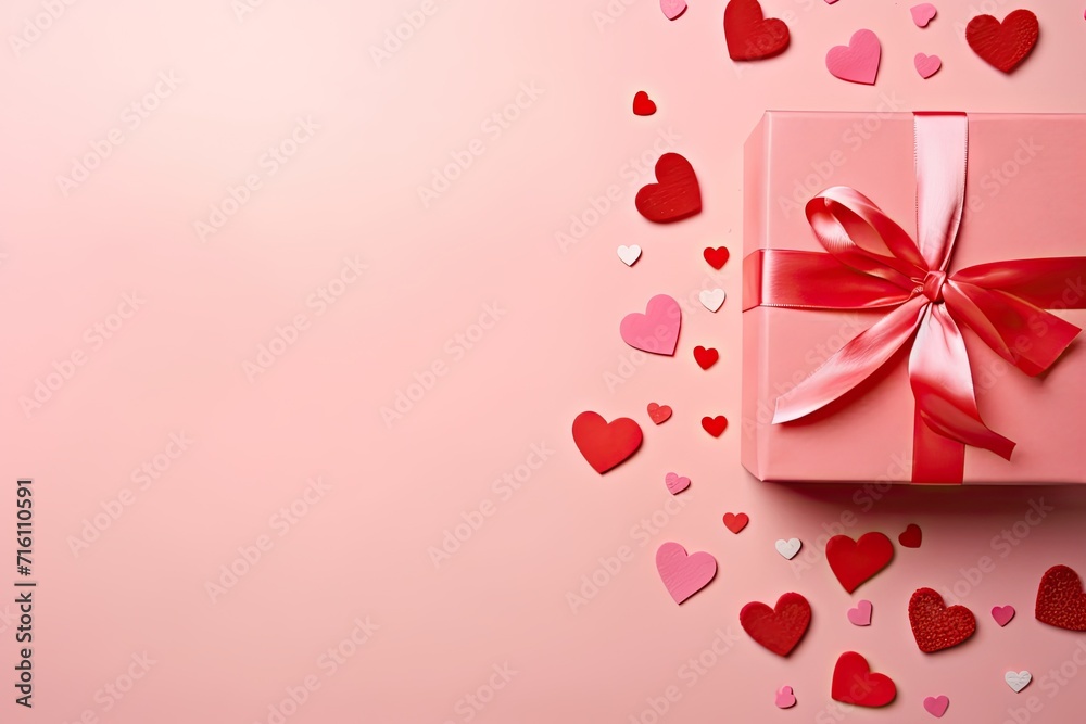 Valentine s Day web banner featuring pink gift box red bow hearts on pink background viewed from above Valentine s Day web banner featuring pink gift box red bow hearts on pink background viewed from above