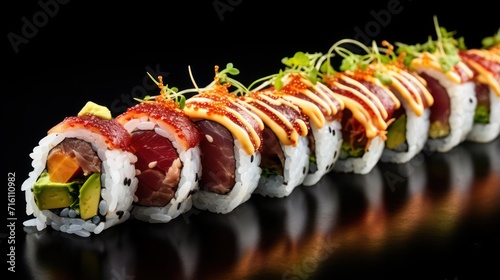 Sushi food dishes arranged in a row, traditional Japanese restaurant food menu