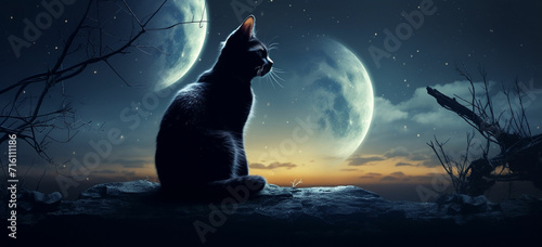 A cat sitting gracefully against a backdrop of a large full moon