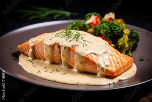 Salmon with sauce on plate