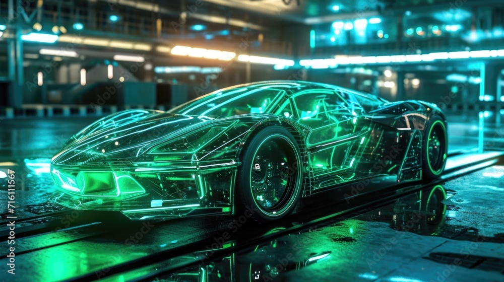 A concept car with a transparent body and neon green lights illuminating the interior giving the impression of a car from the future