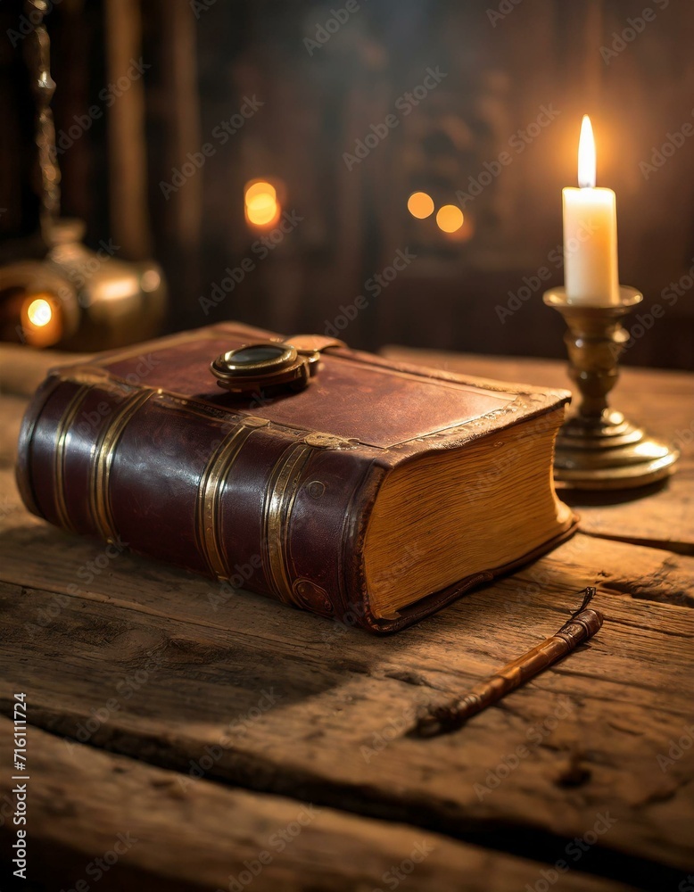 old book and candle, bathed in the soft glow of candlelight. transports viewers to a bygone era of storytelling , An antique leather-bound book rests on a weathered wooden table,
