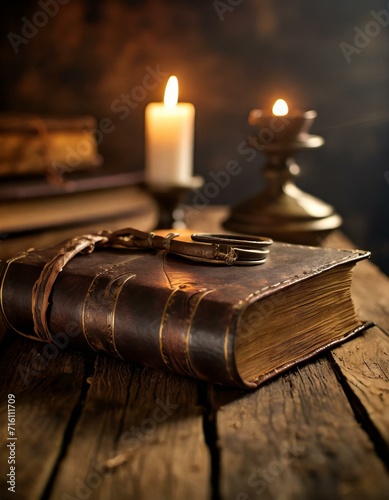 An antique leather-bound book rests on a weathered wooden table, bathed in the soft glow of candlelight. transports viewers to a bygone era of storytelling ,